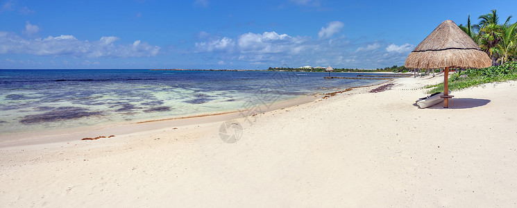 空转以太阳伞为背景的天堂夏日海滩背景