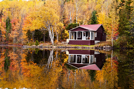 秋天森林和湖中房子的美丽倒影图片