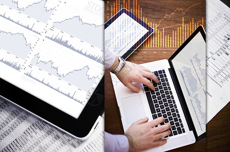 股市分析商业主题照片马赛克带有笔记本电脑的股票图表和图表以及会计世图片
