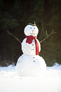 传统雪人穿着红围巾和黑帽子图片