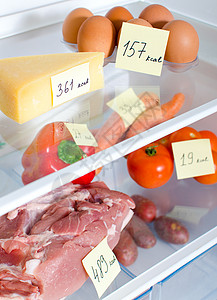 开放冰箱冰箱里装满水果蔬菜和有标图片