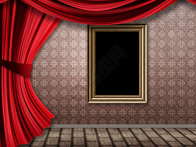 房间内部配有木制相框和拉开的红色窗帘图片