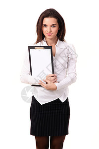 女推销员或女商人的独立工作室图片拿着空白的空剪贴板或通知与笔在商业图片