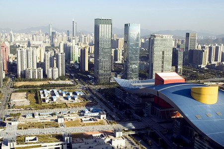 深圳福田区最高建筑鸟瞰图现代摩天大楼办公楼住宅背景图片