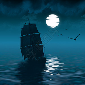 夜间乘船在公海航行图片