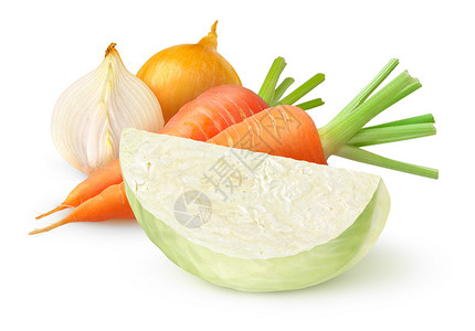 白色上孤立的新鲜卷心菜胡萝卜和洋葱图片