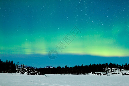 在白雪皑的北方冬季景观中壮观地展示强烈的绿色北极光或图片