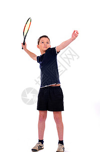带着一个网球拍子的孩子被白图片