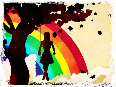 一个女孩坐在grunge彩虹背景上树下的图片