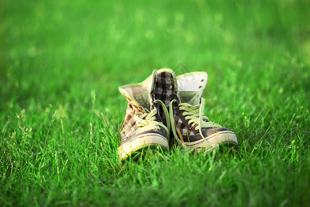 草地上的复古运动鞋图片
