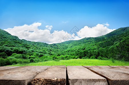 山中草甸蓝天木地板图片