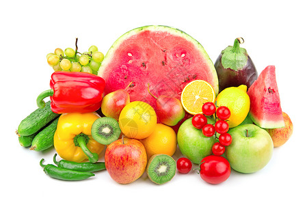 西瓜和各种水果及蔬菜在白种背图片