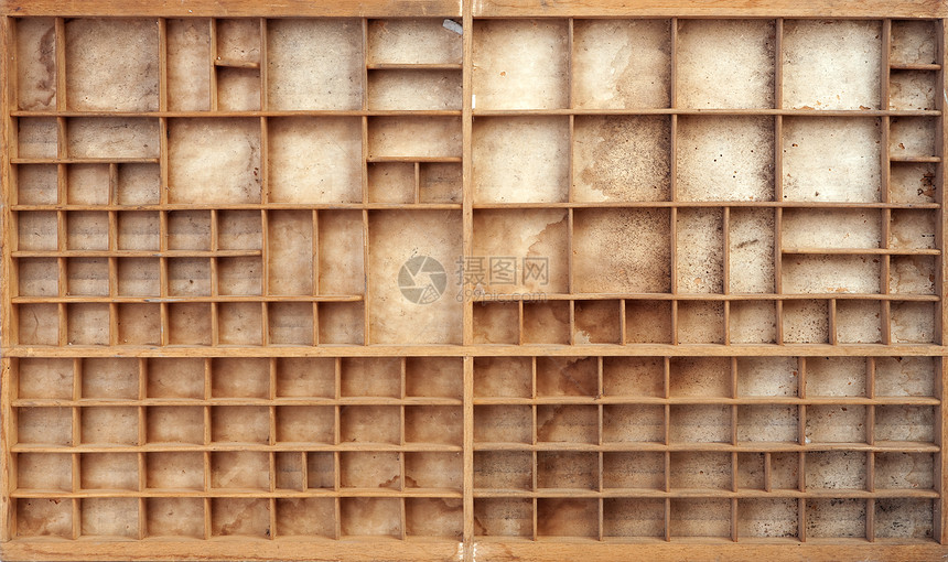 带隔板的老式木排字机盒图片