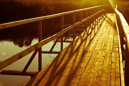 河上的木桥路尽头的光图片