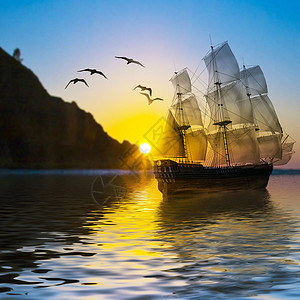 日落时在海中乘船图片