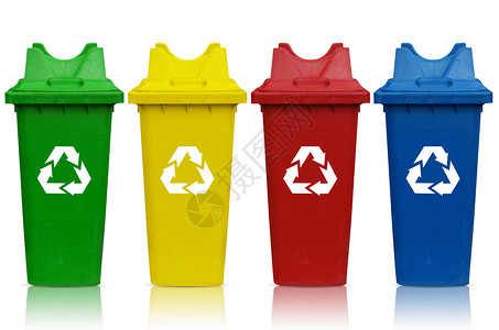 使用绿色黄色红色和蓝色垃圾桶图片