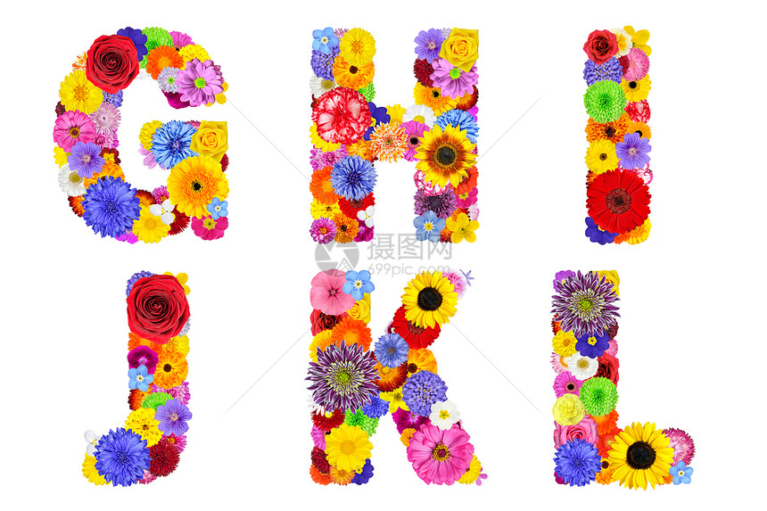 孤立在白色的花卉字母表六个字母GHIJKL由许多五颜六色的图片