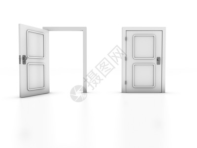 3D由两扇门组成在白色背景上隔开概念图片