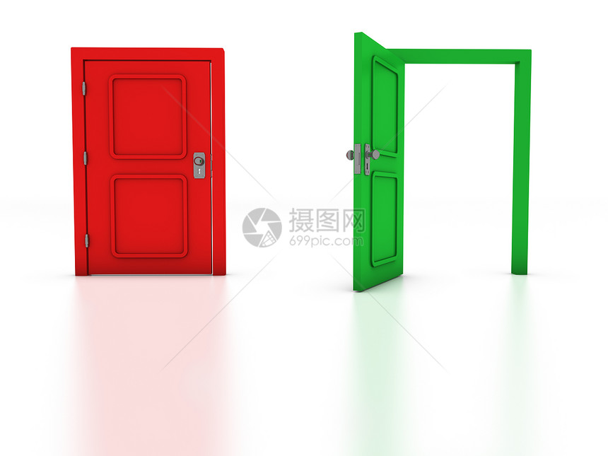 白色背景上两扇门的3D交接概念图片