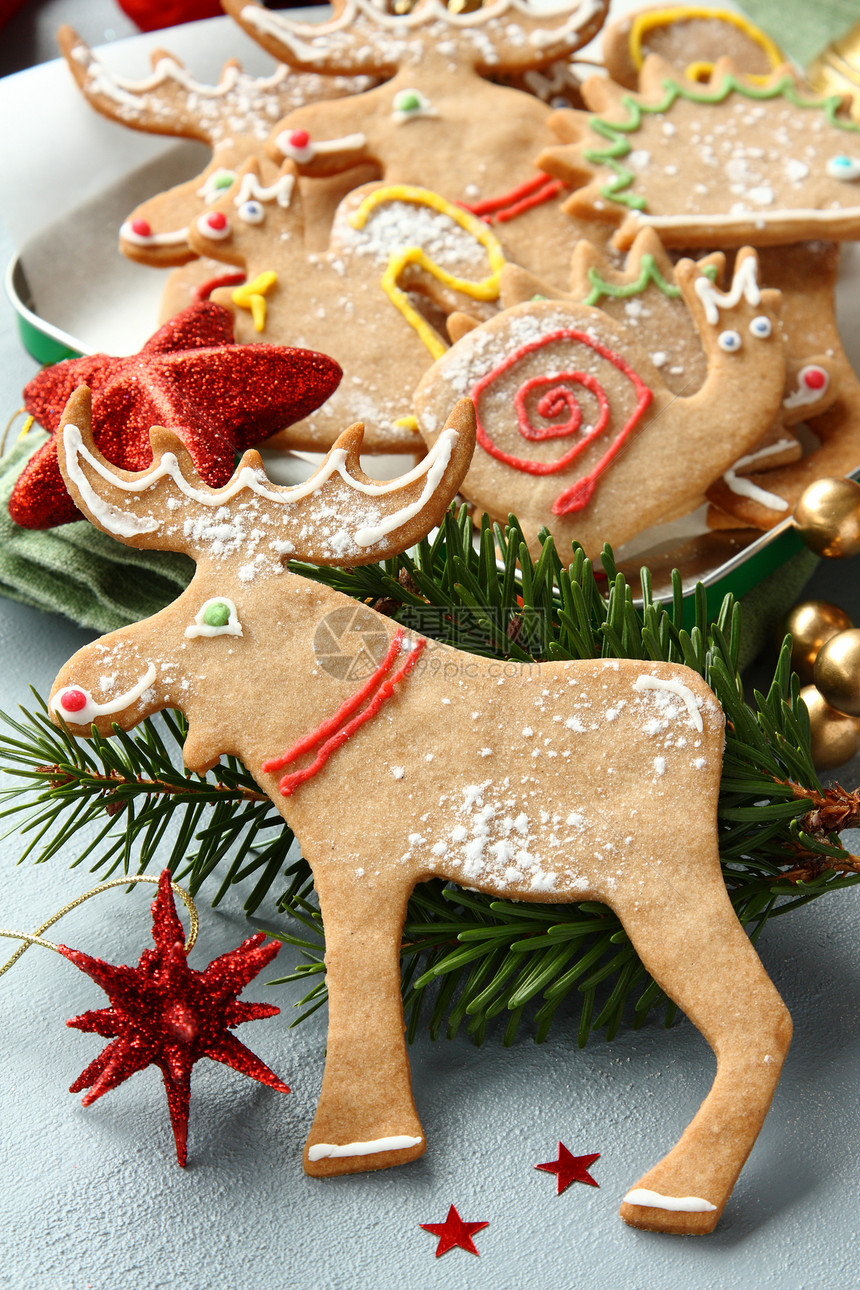 带有装饰的自制圣诞姜饼动物形状饼干图片