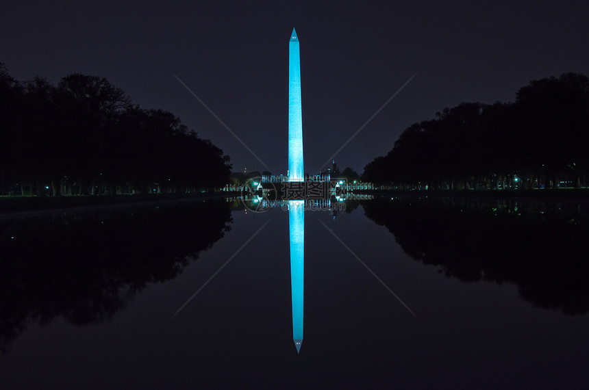 华盛顿纪念碑夜间在林肯纪念堂旁的倒影池图片