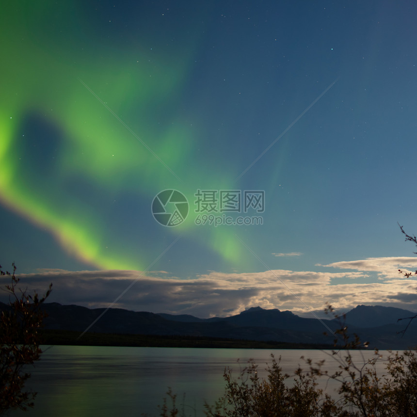 加拿大育空地区Laberge湖北边林泰加上空的月亮和星照亮了夜空中的云彩图片