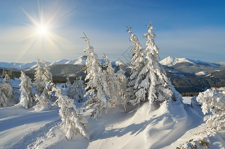 山上阳光明媚的日落寒冬在清雪图片