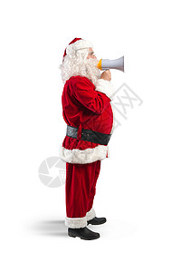 圣诞老人与扩音器在白色背景图片