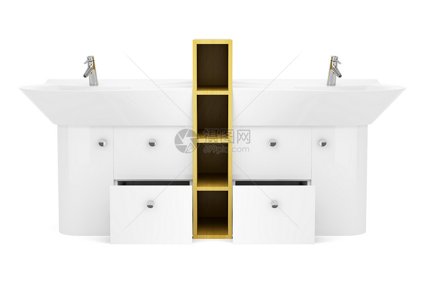 在白色背景上隔离的现代双人浴室水槽图片