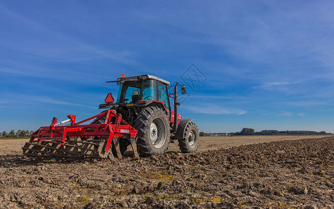 荷兰农业蓝色天空下田地的拖拉机与图片