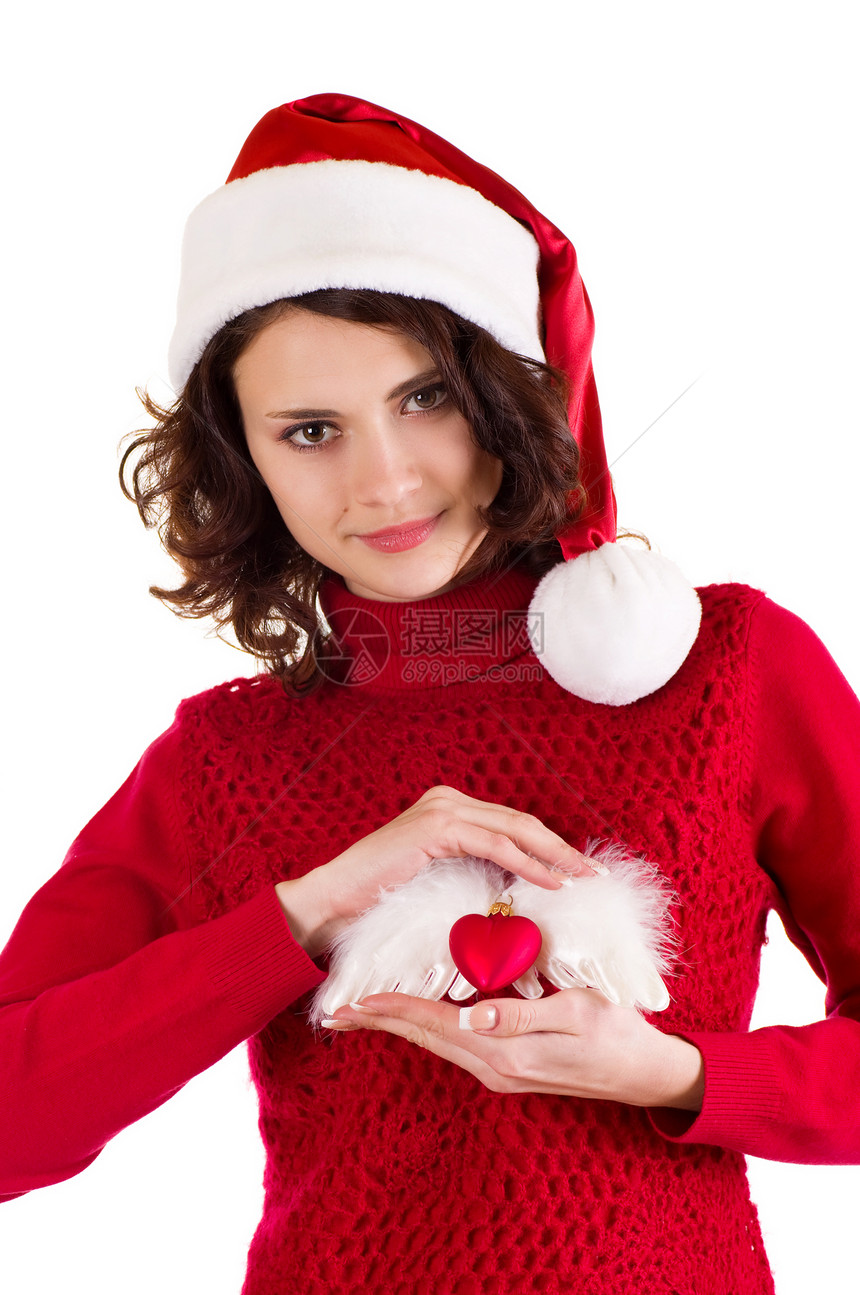 穿着圣诞老人衣服的年轻美女穿白图片