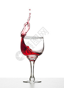 白色背景上带有红葡萄酒飞溅的玻璃图片