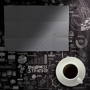 手持黑纸和咖啡杯的空白黑面纸和咖啡杯所画的商业图片