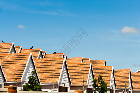 蓝天映衬下的一排公寓屋顶图片