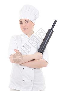 身穿制服的厨服女厨师与白背景隔图片