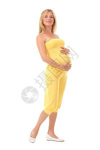 孕妇在白色背景下用手捂着肚子图片