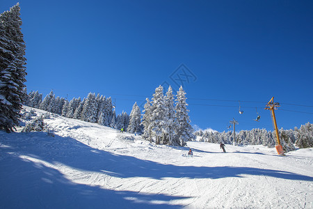 在雪山的阳光明媚的日子滑雪图片