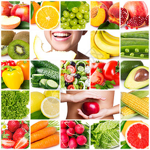 与健康食物的五颜六色的拼贴画图片