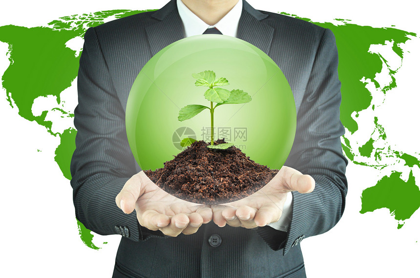 拥有绿树种的商人在球中土壤与土壤图片