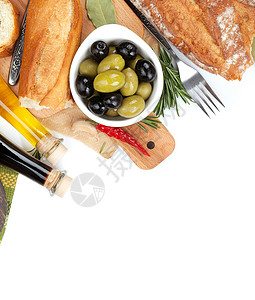 橄榄面包橄榄油和香醋的意大利食物开胃菜在白图片
