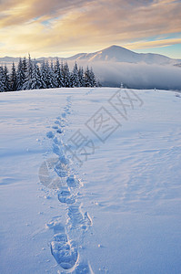 冬季风景与雪中的道路山的黎明喀尔巴阡山脉图片