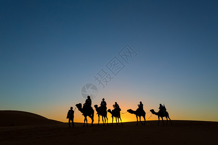 穿过沙漠的骆驼商队背景图片