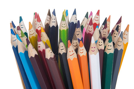 五颜六色的微笑铅笔团队孤立在白色图片