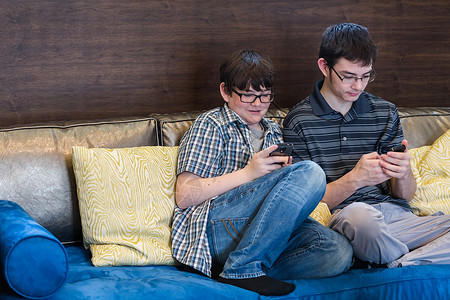 青少年兄弟在闲暇时间玩他们的电脑小把戏图片