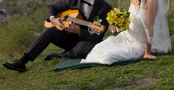 新娘和新郎在草地上弹吉他图片