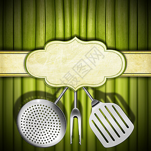 绿色蔬菜厨房用具和空标签模板或Vegan菜图片
