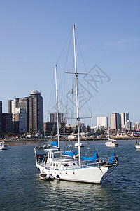 在南非德班市天际线对面的港口游艇上停泊在游艇图片