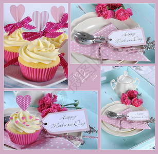 母亲节快乐母亲日四张粉红主题纸杯蛋糕礼物图片拼贴图图片