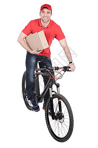 骑自行车送邮件的邮递员在白色图片