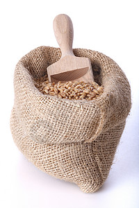 格特雷德用木铲装在亚麻袋里的成熟小麦背景